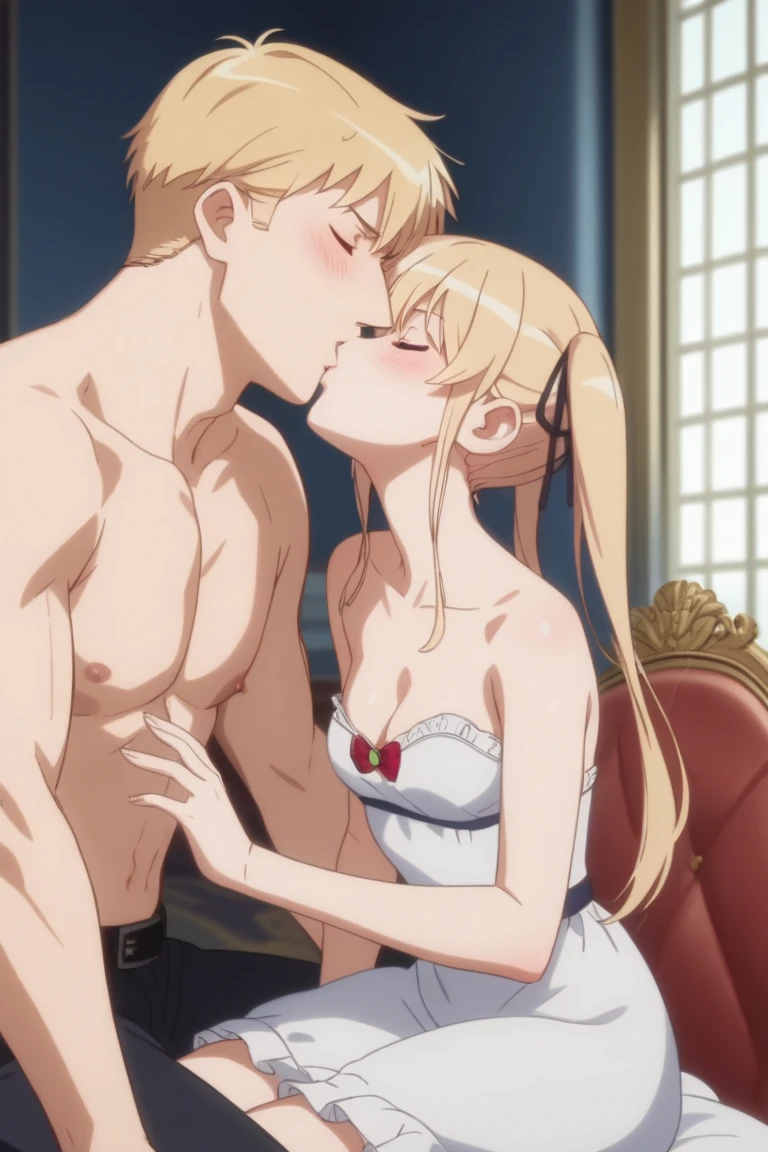 score_9, score_8_up, source_anime, solo, 1girl, tomboy, dress, hellsing, lole, young, ((aged down)), ikuchan, blonde hair, blonde hair, oriental, Chinese dress, short dress, indoors, apathetic, bored, boob window, 1boy, kissing, ((light skinned male)), size difference, nude male, huge penis, ((maledom)), size difference, large male, huge penis, foreskin 