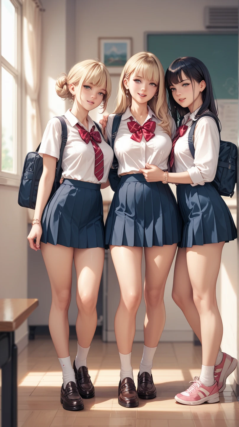 (RAW photo:1.2), (realistic), beautiful detailed girl, very detailed eyes and face, beautiful and detailed eyes, huge file size, High resolution, very detailed, highest quality, [table top:1.6], shape, very detailed, small details, highest quality, 8k wallpaper, movie lighting,Three 15-year-old high school girls, school uniform is torn, Desolate classroom, High school girls being cornered, Fight bravely, scattered textbooks, Fallen desk, Fallen chair, Her uniform shirt is torn and her white bra is visible., The skirt of her uniform is torn and her white panties are visible., look of fear, slender body, young face, immature body, underwear exposed