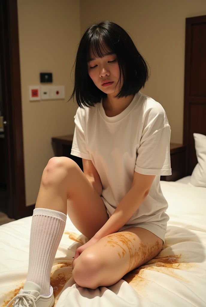 Masterpiece, top quality, ultra high resolution, high detailed portrait, (photorealistic photo: 1.4), (1 girl) ((1 girl, white fair skin, kneeling, from above, looking up at the viewer, looking up at the camera, face closeup, 19 years old, pretty, cute, pretty black hair, bob_cut, short hair, big breasts)) (bikini swimsuit, simple blue and white two-tone swimsuit, Shiny shiny shiny swimsuit, shiny swimsuit with reflective surfaces, dripping wet body) (portrait of a famous actress of Japan), (smile, happy, joyful, cheerful, close mouth), (breasts tucked between arms with breasts), high detailed eyes, ((really snow-white background, nothing background)), ((long neck, bangs, bangs, pretty face, gaze staring at the camera, eyelashes, big eyes, clear double eyelids, Teardrop moles, shiny skin, clean skin type, lip gloss))