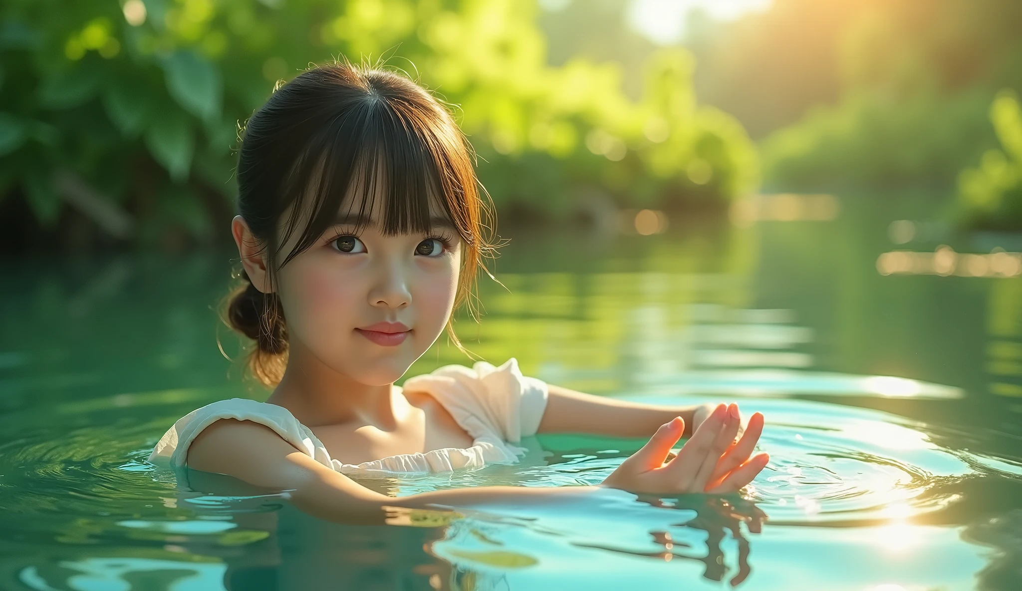 There is a young girl in the water with her hands out - SeaArt AI