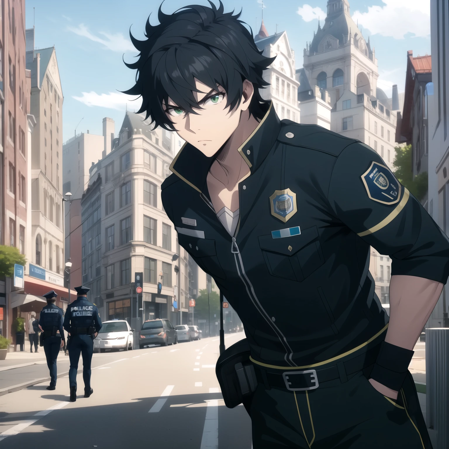  25-year-old male ,  attractive face .  Messy black hair  , emerald green eyes,  athletic physique , Serious. uniforme de police . police. background a city. 