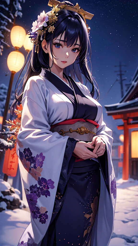 score_9_up, score_8_up, score_7_up, dynamic pose, upper body, close-up, 1girl, Yuki-onna, very long hair,  black hair, straight hair, sidelocks, hair ornament, light purple eyes, colored eyelashes, pure white skin, blush, large breasts, makeup, white kimono, (snowflake print), light blue obi, furisode, wide sleeves, jewelry, snowy mountain, forest, snowing, full moon
, inside, in a laundryroom, source_anime, anime style