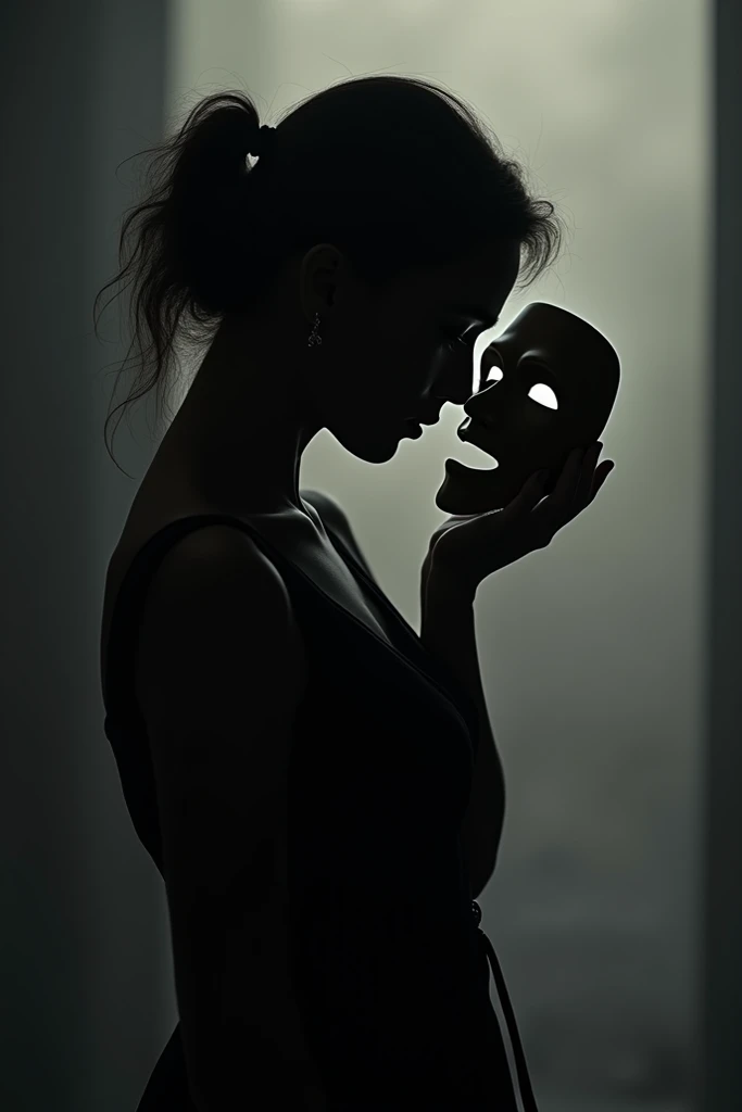 A woman with a white mime mask looking at herself in the mirror. Surrealist style and old cartoon animation type. dark fantasy