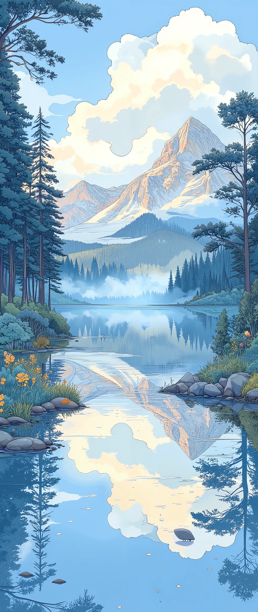 (masterpiece:1.2,Outstanding quality,Mirror finish, Best Illustration ),8k,16k,wallpaper,(Quiet Lake),(morning haze),(Quiet Lake畔の森の影),(A cuckoo is croaking ),(Watercolor),( Dynamic ),( beautiful gradation),(Tranquility VFX )