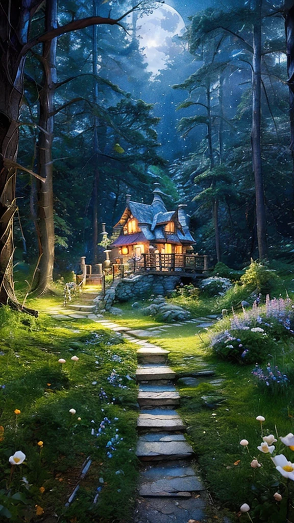 river, white flower, Deep in the forest, Fairy Village , The fairy house, starry sky , night, A broad perspective, moonlight, imaginary, 4K, Details, ultra Details