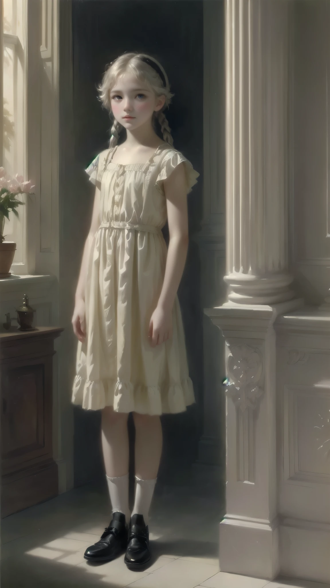 (master part ,  high quality full body view :1. 3) , duo, ( elegant oil painting of young albinas loli in the style of Bob Byerley:1. 2), detailed face, ( realistic albino white skin ), ( light pink albino eyes :1. 1), ( short twintail hair ), (light white hair), (yellow short dress, powdered white eyelashes), white eyeliner, better light+shadow,  Extremely  ,  dark atmosphere, High raw DPI ,  intricate oil painting techniques ,  Extremely detailed, 16k, Ultra HD, HDR, (master part:1. 5), ( best quality:1. 5), persephone 