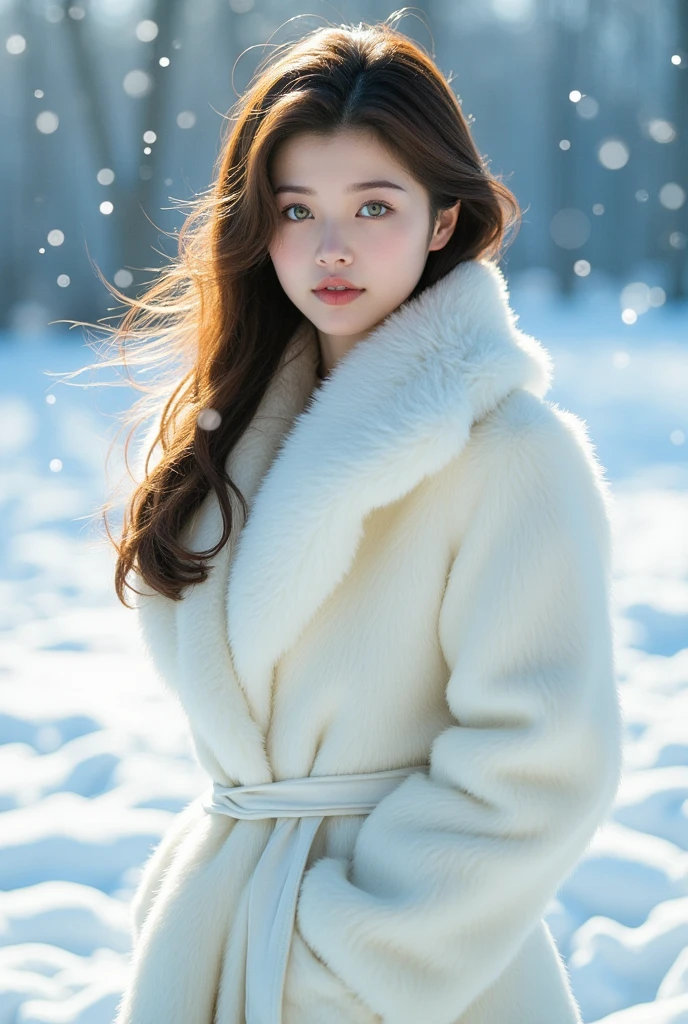 Girl with green eyes white mink coat in snow 