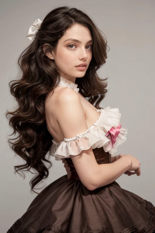 age 25, 8k (High definition), lumped shoulders, shy, lanky, tall, skinny arms, hunched back, long neck, heavy make up, rosey pink cheeks, long eyelashes, goth makeup, wearing a frilly white lolita dress, sissy, high petticoat skirt, bow in her hair, bow in her hair, white stockings, high heels, dressed as a drag queen, Caucasian skin, long brown hair, hair stylized wavy fresh out of the salon, very long curly dark brown hair, small perky breasts, hands tied behind their back