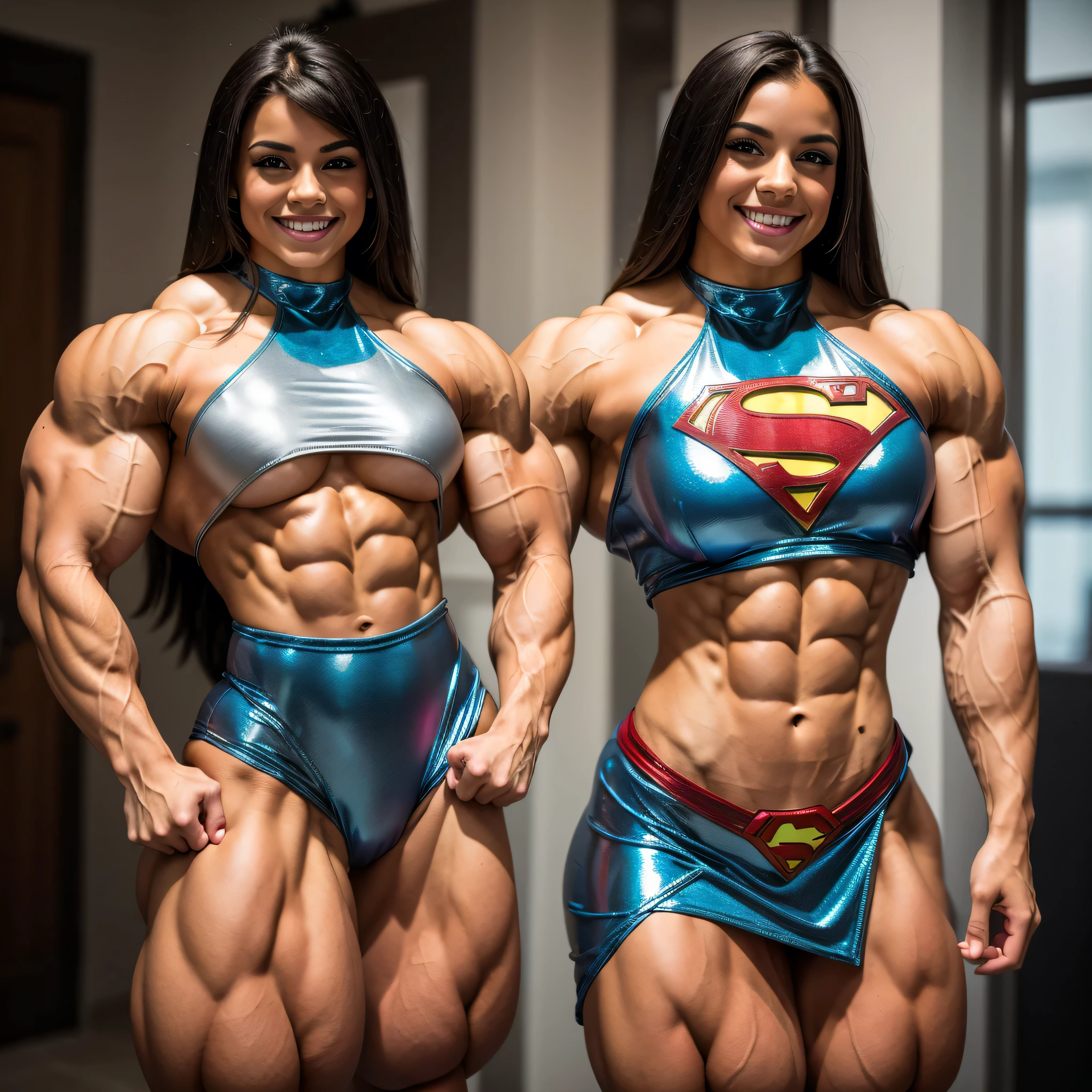 a muscular man and woman, 1980s bodybuilding couple, posing for a musclemag or flex magazine cover, 1980s fitness magazine cover, detailed muscular bodies, shiny oiled skin, intense expressions, dynamic poses, retro neon lighting, dramatic shadows, bold colors, (best quality,4k,8k,highres,masterpiece:1.2),ultra-detailed,(realistic,photorealistic,photo-realistic:1.37),professional photography,studio lighting,vibrant colors,sharp focus,physically-based rendering