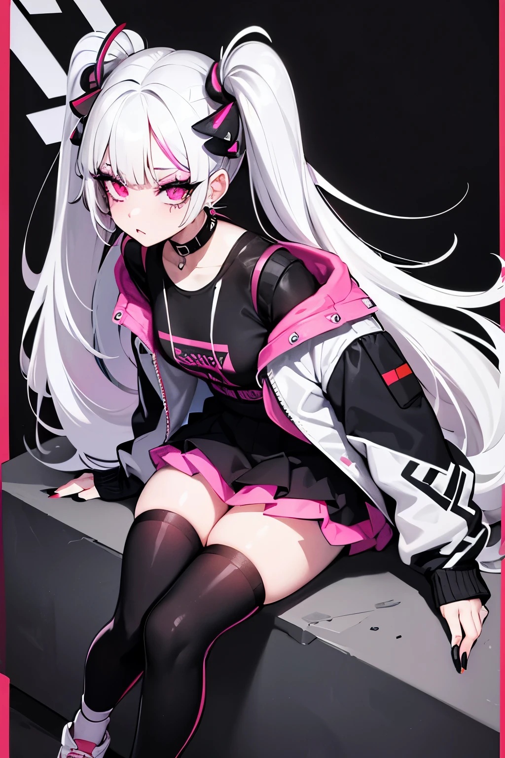 1girl, medium height, black eyes, pink long, thick thighs, wearing tight white school uniform, short black skirt, medium size breast, slim waist, HD, high res, looking at viewer, high quality