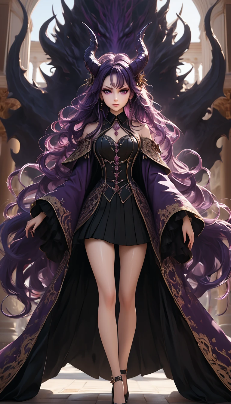 (((Best quality, 8k, Masterpiece: 1.3)), ((best quality)), ((masterpiece)), (detailed), perfect face, perfect body, (detailed skin:1.3), (intricate details), purple hair, expressive hair, messy hair, demon horns, dragon horns, raised eyebrows, evil smile, demon queen, royal, inferno,  jewel ring, Hair accessories, Baroque palace, Cloak, glaring, condescending gaze, Standing with her legs apart