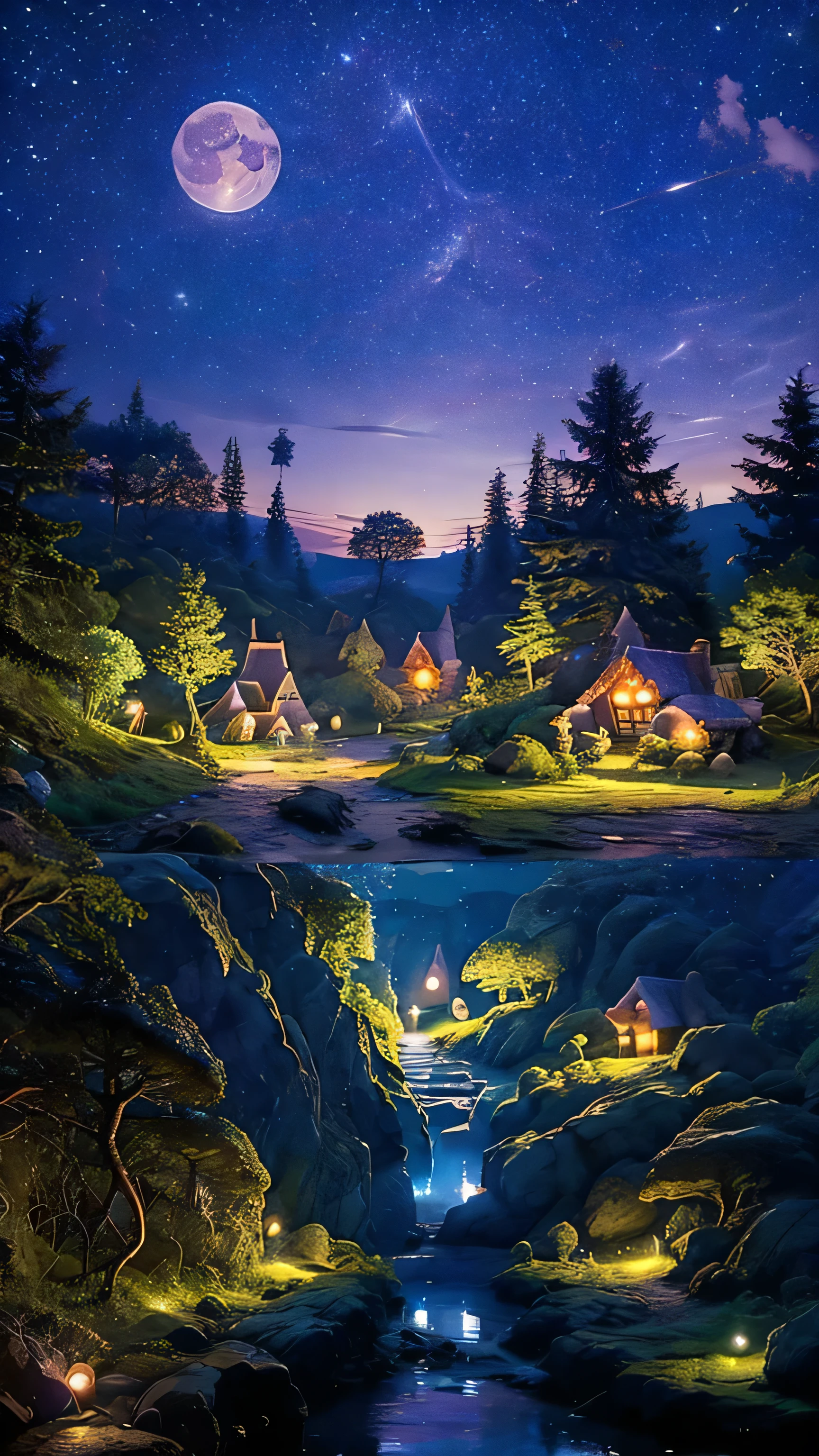 lake, Deep in the forest, Fairy Village , The fairy house, starry sky , night, A broad perspective, moonlight, imaginary, 4K, Details, ultra Details