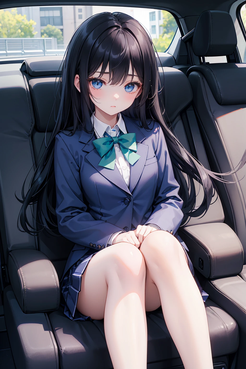 One person、Long Hair、、Black Hair、With bangs、6 year old girl、small、1st grade elementary school students、Baby Face、smile、Big eyes、barefoot、black eye、cute、Are thin、Very small breasts、School uniforms、身長のsmall、((In the car))、Luxury vehicles、Bare Skin、Show the whole body、