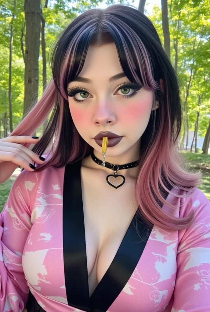 beautiful girl in a black shirt showing a pineapple in her hand, big breast, sexy, long hair, black and red hair, 1girl, solo, realistic, black glasses, glasses