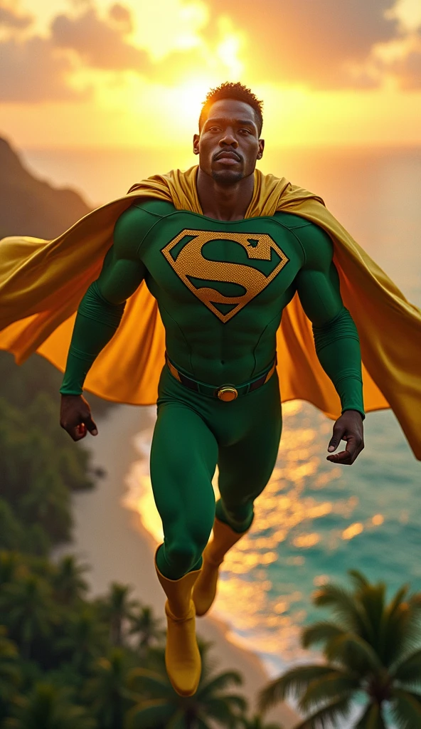 Cabibara dressed as a superhero with blue and green colors and a cape posing in the sunset 
