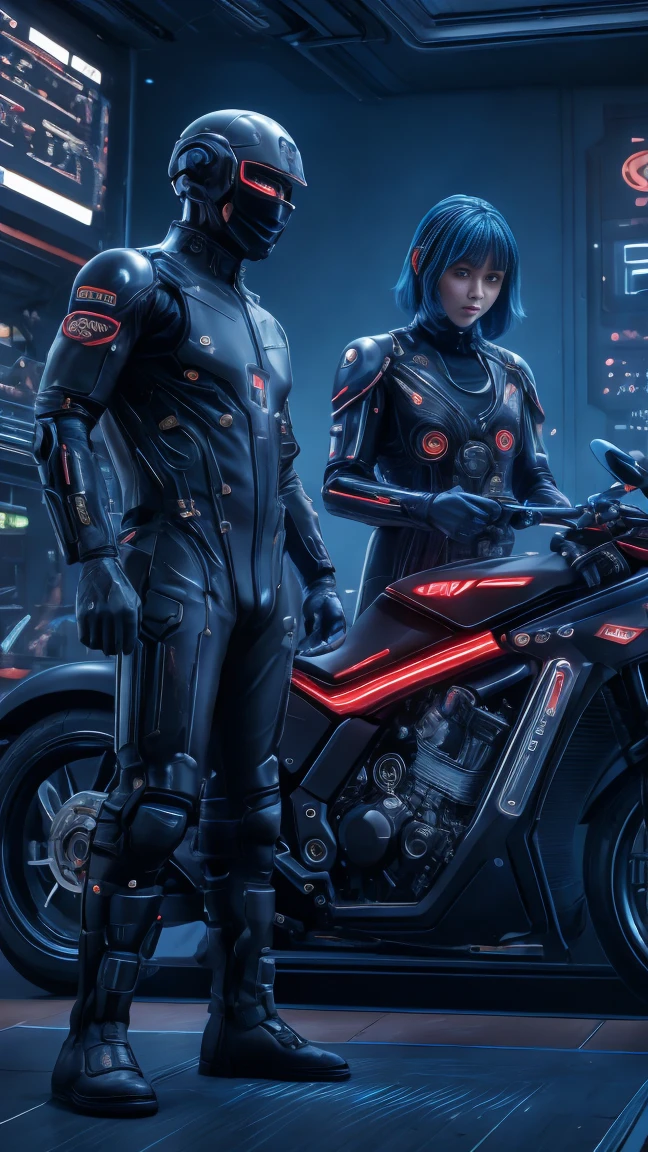 there are two men in  uniforms standing next to a motorcycle, 受 Adrian Zingg 启发的 cyberpunk艺术, shutterstock,  conceptual art , dressed in tech suit and armor ,  cyberpunk服装,  cyberpunk, Network Service, Movie Blu-ray, 未来主义科技服装,  shooting in a space tech suit , 坐在 cyberpunk摩托车上, diverse Network Service, , , character design  man
