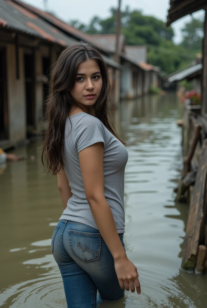 a indonesian woman, wet hair, walking in very deep flooded village, wet t-shirt and jeans, look back at the viewer, 