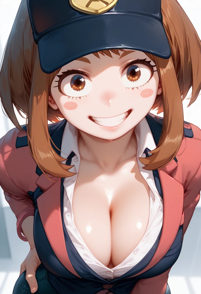 Uraraka Ochako from my hero academia. mochako, blush stickers, short hair, hand on her hips, standing, hips, upper body, shiny skin, office background, red suit, black baseball cap, solo, booty, showing little bit cleavage, smile