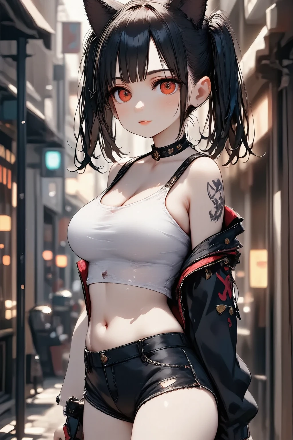 1girl\(cute, kawaii,charming,fascinating,bewitching,evil smile,smirk,open mouth,fang,black hair,long hair,twin tails hair,pale skin, white skin, red eyes, eyes shining,very big eyes,big breast,perky breast, punk fashion, ripped clothes, tight tube top, tight hot pants, stomach shown, ripped black short jacket, fluffy black cat-ear, spiral eyes, bang,hands in poket\),background\(outside, noisy city, backstreet, narrow street, neon lights, at night\),3d render,portraits,bust-up,from below,close-up girl