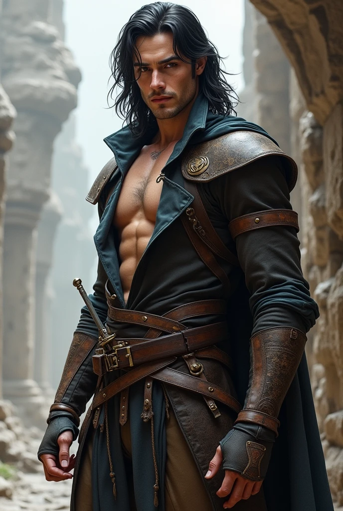 (((Solo character image.))) (((Generate a single character image.))) 1boy (((Dressed in medieval fantasy attire.))) (((Very sexy facial expression.))) Sexy male fantasy character. Physique like a male warrior. Generate an exciting yet sinister male fantasy adventurer for a dark and eerie fantasy setting. He has shoulder length black hair and has a sinister attire and looks like an exciting villain for a fantasy setting. Large, sexy crotch area. Swashbuckler fashion. Great abs. Great male physique. This character is human, very dangerous and looks full of mischief. He appears about 20 years old. Ideal physique. Realistic image. Looks like a male version of actress Payton Preslee. He has a legendary beauty that makes him memorable and a pleasure to look at. Dresses like a male gypsy. Romani.