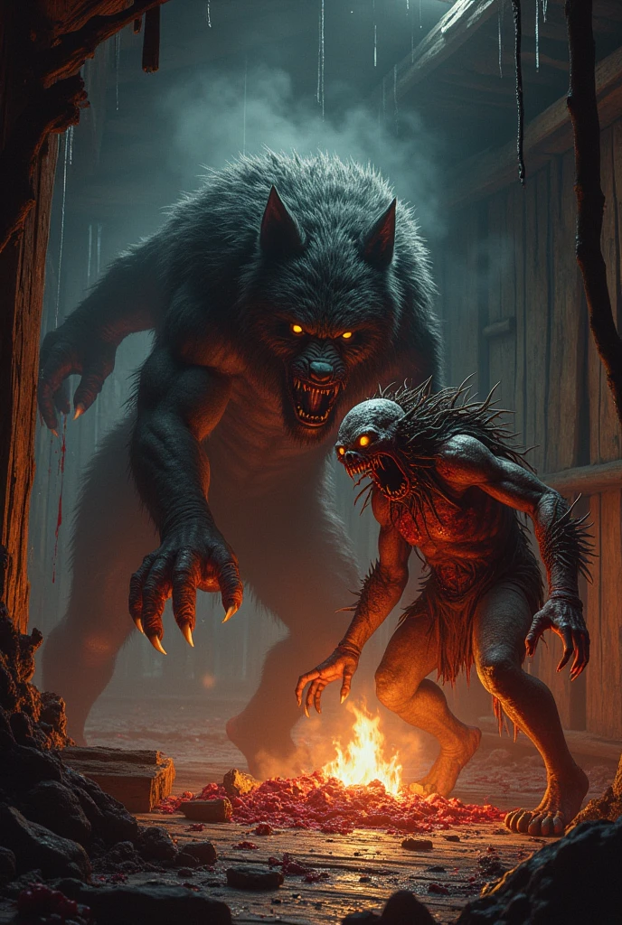 terrifying scene where a lycan, a fearsome werewolf creature, breaks into a small, rustic cottage. The cottage, nestled in the heart of a dark forest, is illuminated by the warm glow of a fireplace and a few flickering candles, casting eerie shadows across the room.
The lycan, with its menacing, muscular form and sharp, gleaming fangs, bursts through the wooden door, splintering it into pieces. Its fur is matted and dark, eyes glowing with a predatory intensity. The room is filled with a sense of chaos and fear as the lycan's claws dig into the wooden floor, leaving deep gouges.
Inside the cottage, furniture is overturned, and personal belongings are scattered in disarray. The cozy, once safe space now feels claustrophobic and dangerous. A faint trail of blood on the floor suggests a struggle, heightening the tension and urgency of the scene.
This image captures the raw power and primal terror of the lycan's intrusion, creating a vivid and gripping moment of suspense and horror in a medieval dark fantasy setting.