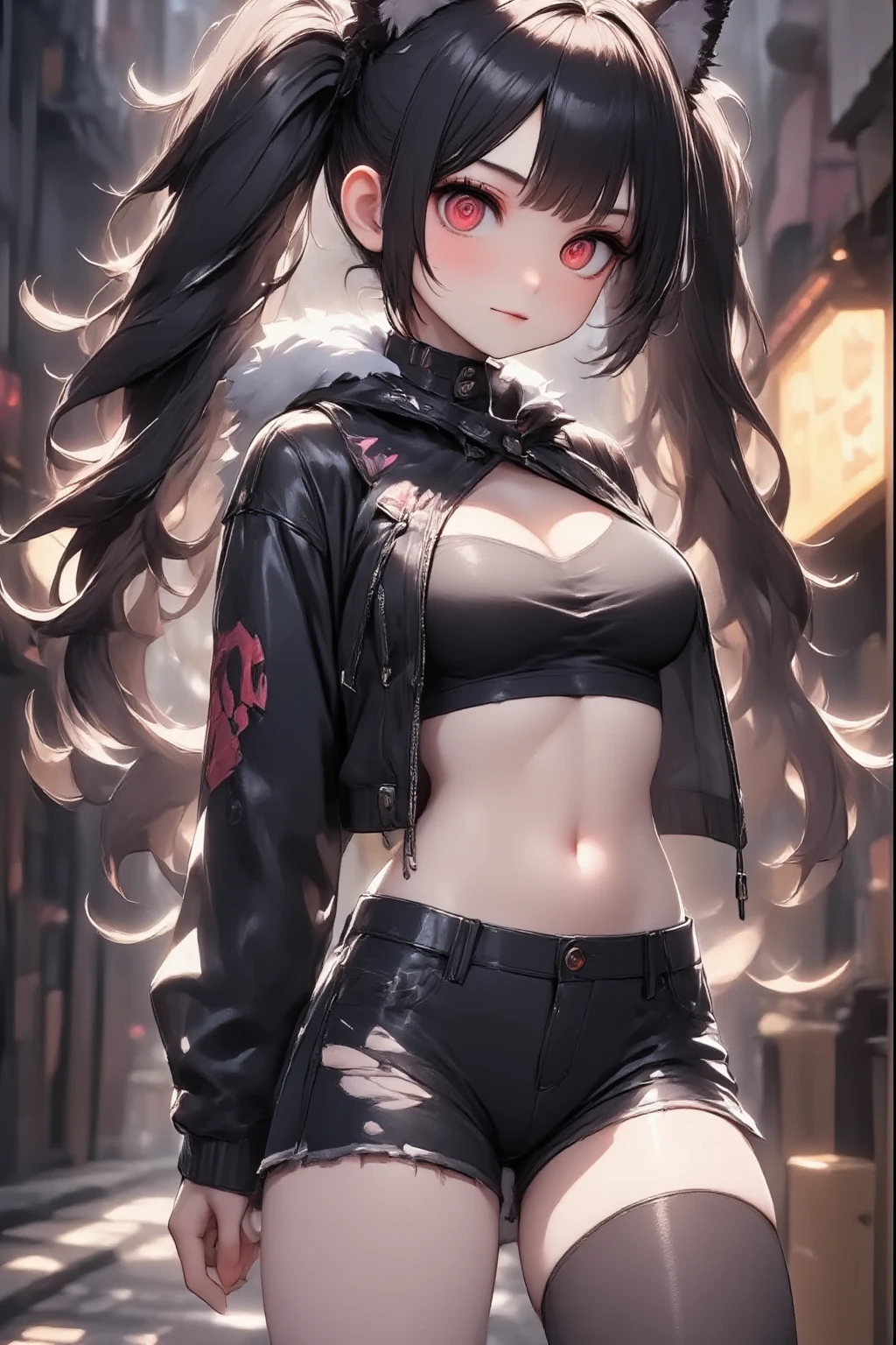 1girl\(cute, kawaii,charming,fascinating,bewitching,evil smile,smirk,open mouth,fang,black hair,long hair,twin tails hair,pale skin, white skin, red eyes, eyes shining,big eyes,breast,perky breast, punk fashion, ripped clothes, tight tube top, tight hot pants, stomach shown, ripped black short jacket, fluffy black cat-ear,punkish pose, spiral eyes, bang,hands in poket\),background\(outside, noisy city, backstreet, narrow street, neon lights, at night\),3d render,portraits,bust-up,flom below,niji style