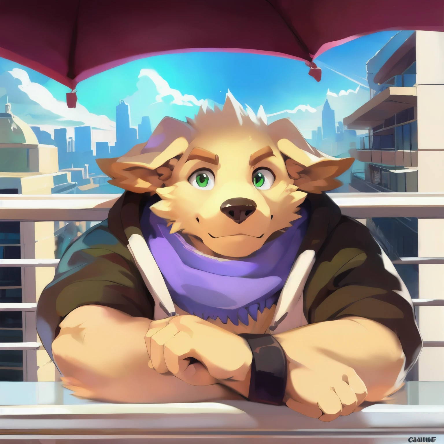 cu sith \(tas\), bird dog, canid, canine, canis, domestic dog, golden retriever, hunting dog, mammal, retriever, anthro, city, clothing, floppy ears, fur, green eyes, hoodie, male, scarf, slightly chubby, solo, topwear, wristband, yellow body, yellow fur, arms over balcony, pondering, looking at sky, leaning towards balcony, clear sky, sun ray, on top of a building, arms on railing, arms holding head, bending arms,  facing away from viewer, angled view, face pov, face focus, close-up, headshot portrait by chunie, by null-ghost, by darkgem, 
