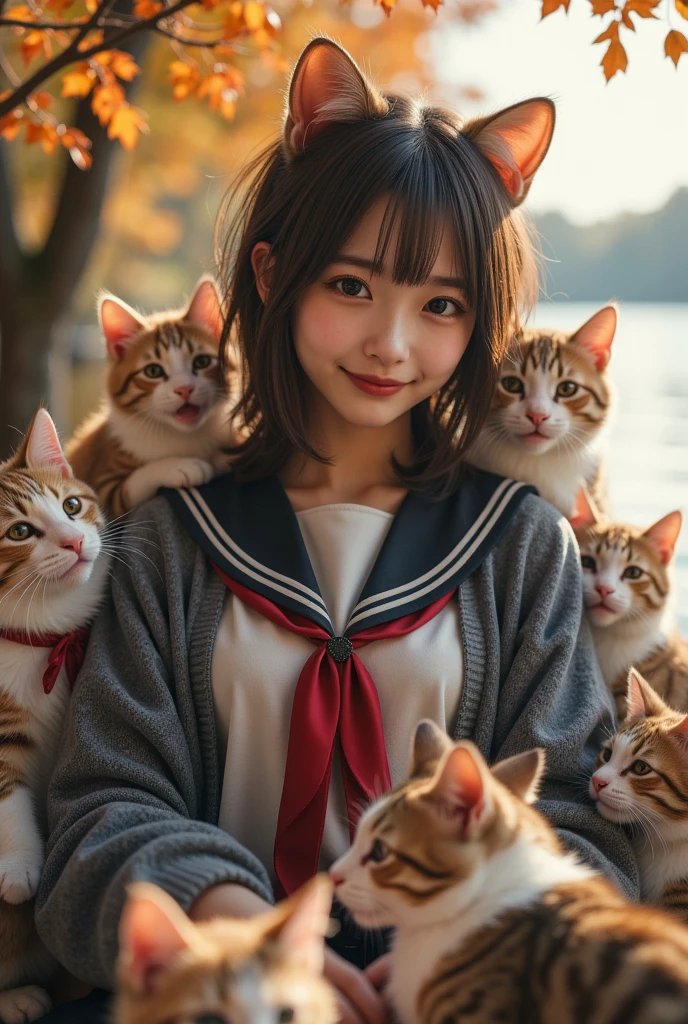 ultra-realistic, photorealistic, dramatic scene, shadow, global-illumination, solo, (teenage Japanese famous idol girl:1.5), very beautiful fragile Japanese girl, very beautiful with very cute but boyish cool face, (very large breasts), slim waist, (wearing a gray colored Japanese high school sailor uniform with white shirt and dark colored cardigan, red ribbon:1.2), (very large breasts), (She is in a large  carriage with full of cats), the cats are mewing, smile, at the side of the beautiful lake with autumn leaves, sunshine, looking at viewers