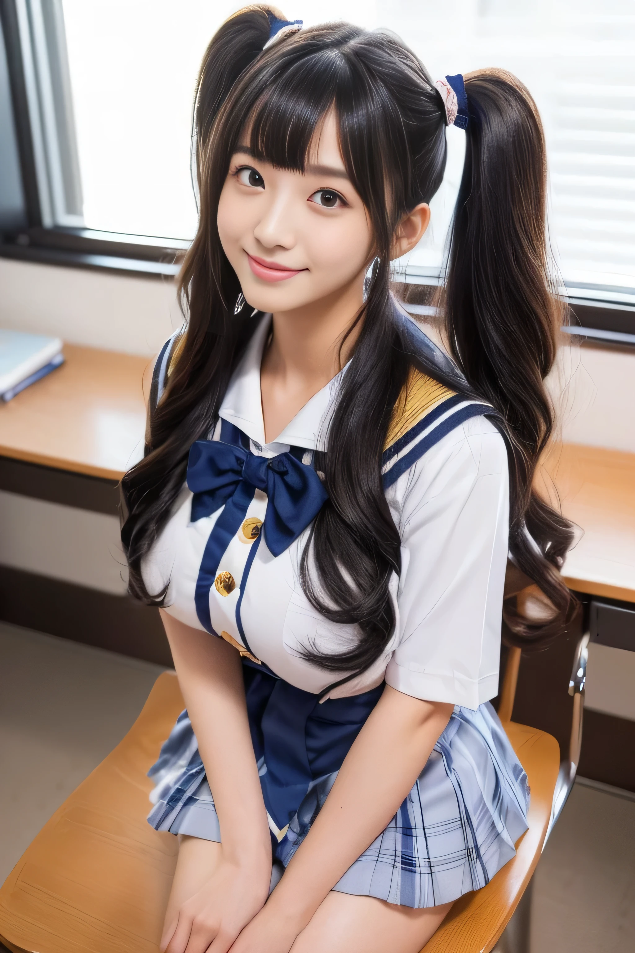 (Solo photo of a Japanese female  high schoolabove the knee shot )((  her hairstyle is up to the ankle growing 、 they have thick twin tails that are very wavy :1.2))　(wear Japanese School Uniform, Japanese girls uniform, Japanese , wear, wear , Seifuku, Girl in uniform, loose coat collar  sailor suit , Junior high school students,  sailor suit , Sexy  cute 顔 , Beautiful anime Junior high school stuHer  sailor suit  jacket is white with short sleeves.!!!　 The skirt is a navy blue mini pleated skirt....　The ribbon on the chest is navy blue.....)　(( She's in the Classroom at School ))　(She sits with her back arched  her legs wide open on a classroom chair.:1.2)　((She's holding her chest with her hands moving her chest to the center))　((,  best quality)), ((,   Masterpiece ,)), (  family friendly), ( Get used to it ) ((   she looks at the camera with a very happy smile   )),((Big Breasts:1.5))　((     her bangs are neatly aligned and straight    :1.   4 And it covers the forehead perfectly.:1.4))　(( Flowing Hair Very Lengthy and thick Hair Abnormally Long Hair :1.3)) ((     her hair waves are very sharp     !!!!))(  Her hair is pitch black!!)( thick,    shiny hair、 extremely free hair  、Abnormally long hair ..:1.3))　( long hair up to the ankle !!!!     best qualityのディテールへのこだわり  long hair up to the ankle !!!!    long hair！！！！！It lasts forever!!!!   her skin is very high quality ultra HD   !!!It lasts forever!!!!Flowing hair on both ends!!!!    long hair！！！！！Up to the ankle!!!!    long hair！！！！！Up to the ankle!!!!  she has a sexy look at the camera  !!!    BEAUTIFUL SILKY HAIR      、 Beautiful   shiny hair,Beautiful   shiny hair, BEAUTIFUL SILKY HAIR   ,Up to the ankleの   long hair!!!!,  long hair!!!!!very    long hair !!!!) (  Her big breasts are perfect for a uniform      )　( 完璧なJunior high school studentsの女性の顔  )　(  she has a sexy look at the camera )　(   Her eyes are beautiful Asian eyes    :1.4)) ((She is sitting on a chair in the classroom)) ( her lipstick is bright red :1.1) ( her hairstyle is up to the ankle growing  they have thick twin tails that are very wavy  ..................)　　( her skin is very fine  　   x} Her skin shines so beautiful   ) ((    Her eyes are beautiful Asian eyes    :1.4))  ((   Her eyebrows are very thin    :1.8)) ((Rich 1.4)) (    very detailed 8K    ) (super fine skin texture 1.4) (、    Vivid    :1.4)       sharp concentration    :1.2、    beautiful woman:1.   ( actual RAW photo taken by a professional photographer )