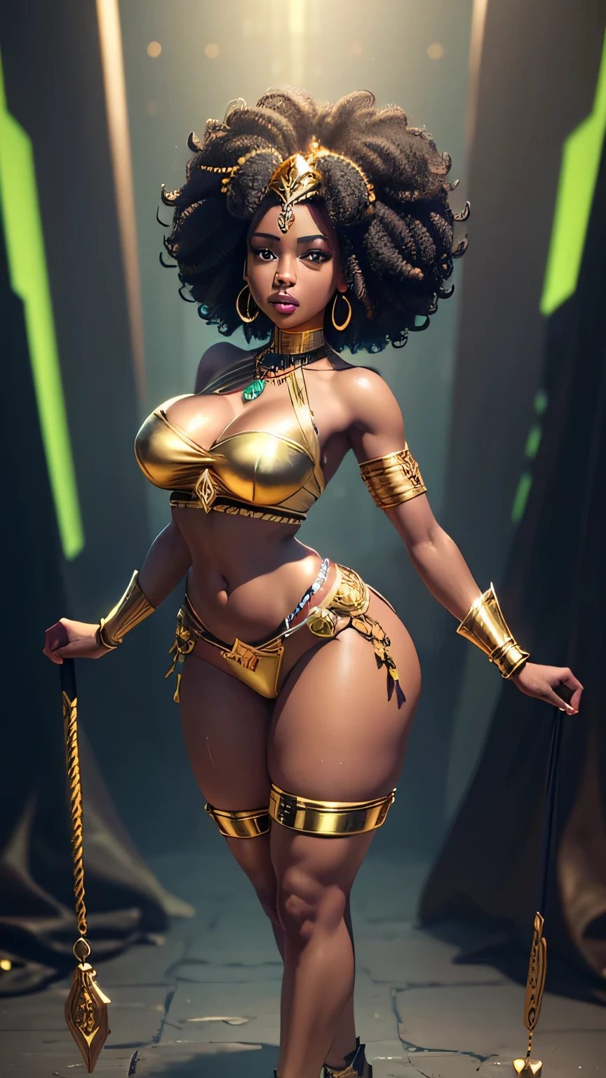 (((Juju Zulu))), ((((absurdists))), (((best quality))), (((masterpiece))), (((tall))), (((short hair))), large, athletic, wide hipped, strong, tall, lengthy, aged-32, African woman, large chest, purple eyes, Zulu warrior of the middle ages, perfect and proportional body, cheetah print, short black hair, black-skinned savanna warrior wearing very few clothes, wearing many necklaces and body adornments comprised of crystals, tiny purple and black bikini made of African beads and chromatic crystals, sandals, smiling, holding spear, crystal earrings, rainforest, lush vegetation