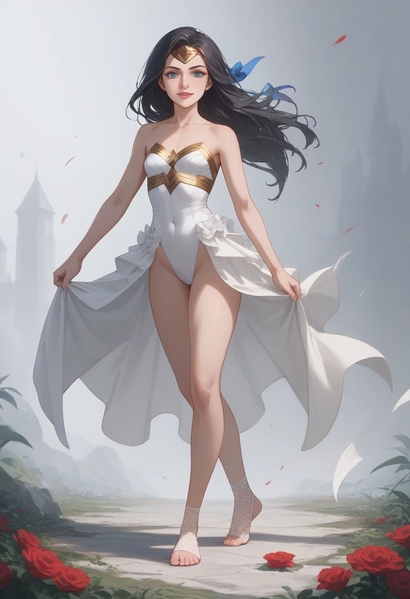 ((full body shot, standing, feet on the ground)) Wonder Woman, masterpiece, best quality, highly detailed, score_9, score_8_up, score_7_up, score_6_up, anime source,BREAK, 2girl, solo, unclothed, nude , long hair, blue eyes, flower, hair bow, small breasts, bow, looking at viewer, freckles, parted lips, smile, full body, red lips, lips, leather ballet slippers, side facing, She looks for you, your gauze hurts, fishnets, white background, neutral cast 
 