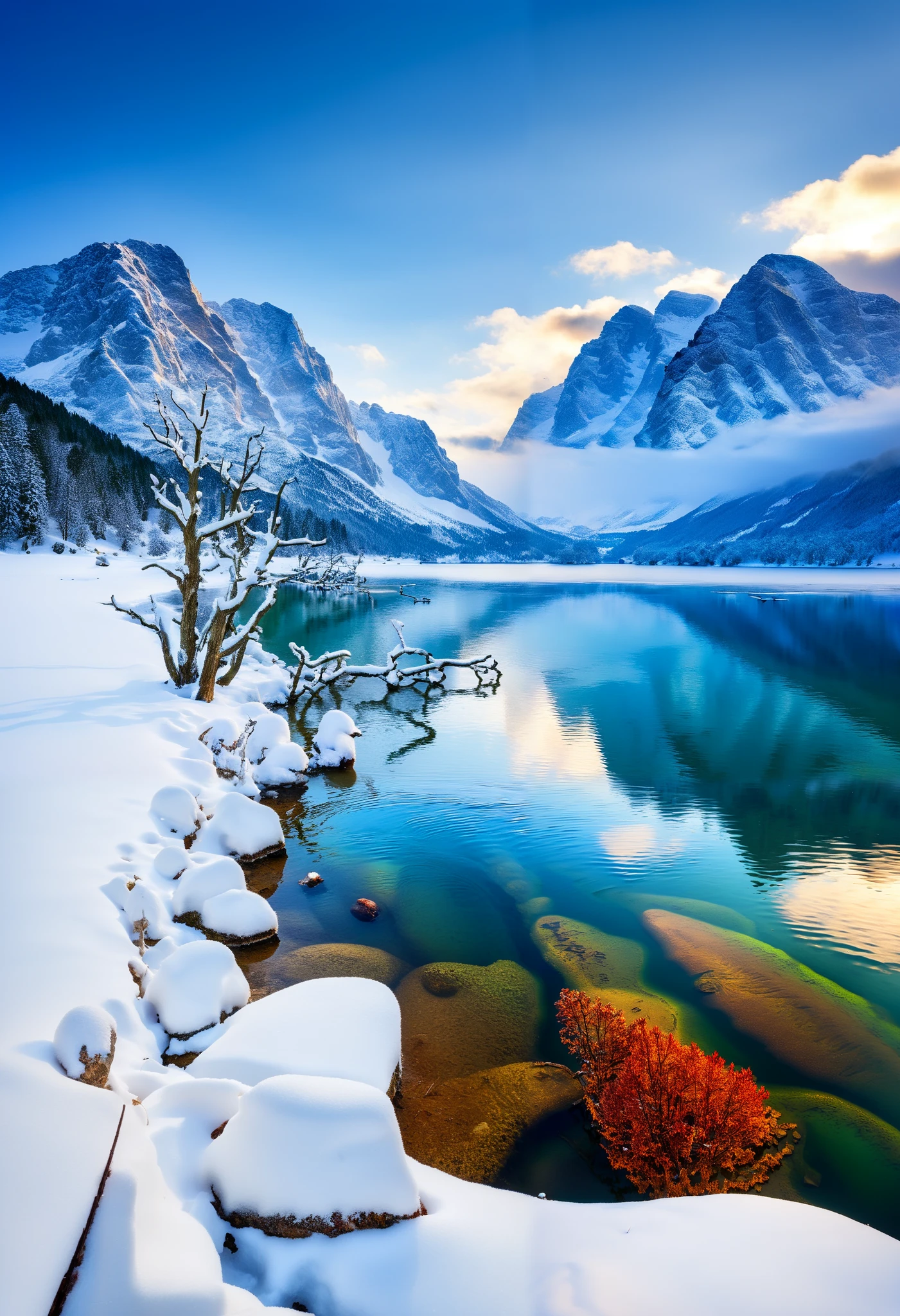 Tranquil Lake, spectacular view, winter landscape, masterpiece, best quality, ultra-high resolution