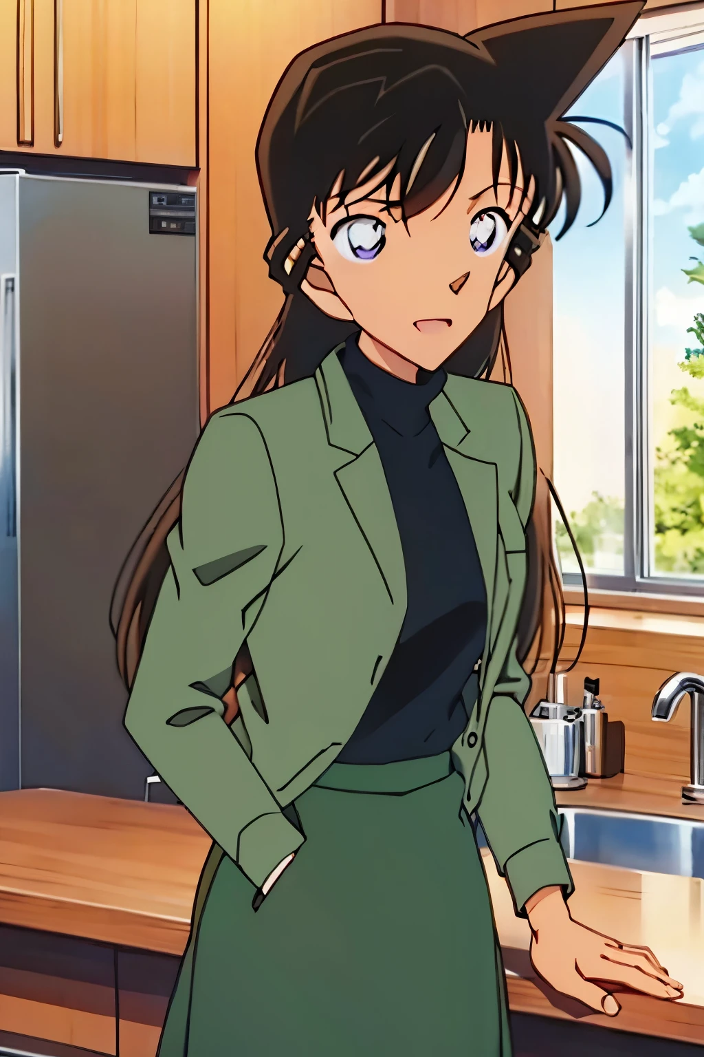 {{{Dylan}}},{{{ Detective Conan }}},{{{Long Hair}}},{{{official style }}},{{{adult}}},GREEN TURTLENECK dress skirt ,{ LIGHT GREEN CROPPED short JACKET }, Green Socks ,sink,laundry,kitchen,bringing upper body to the sink,open