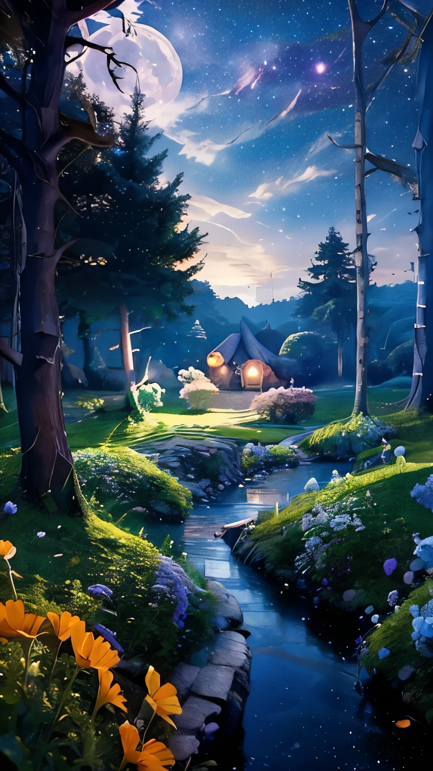 lake, river, flower, Deep in the forest, fairy house, starry sky , night, A broad perspective, moonlight, imaginary, 4K, Details, ultra Details