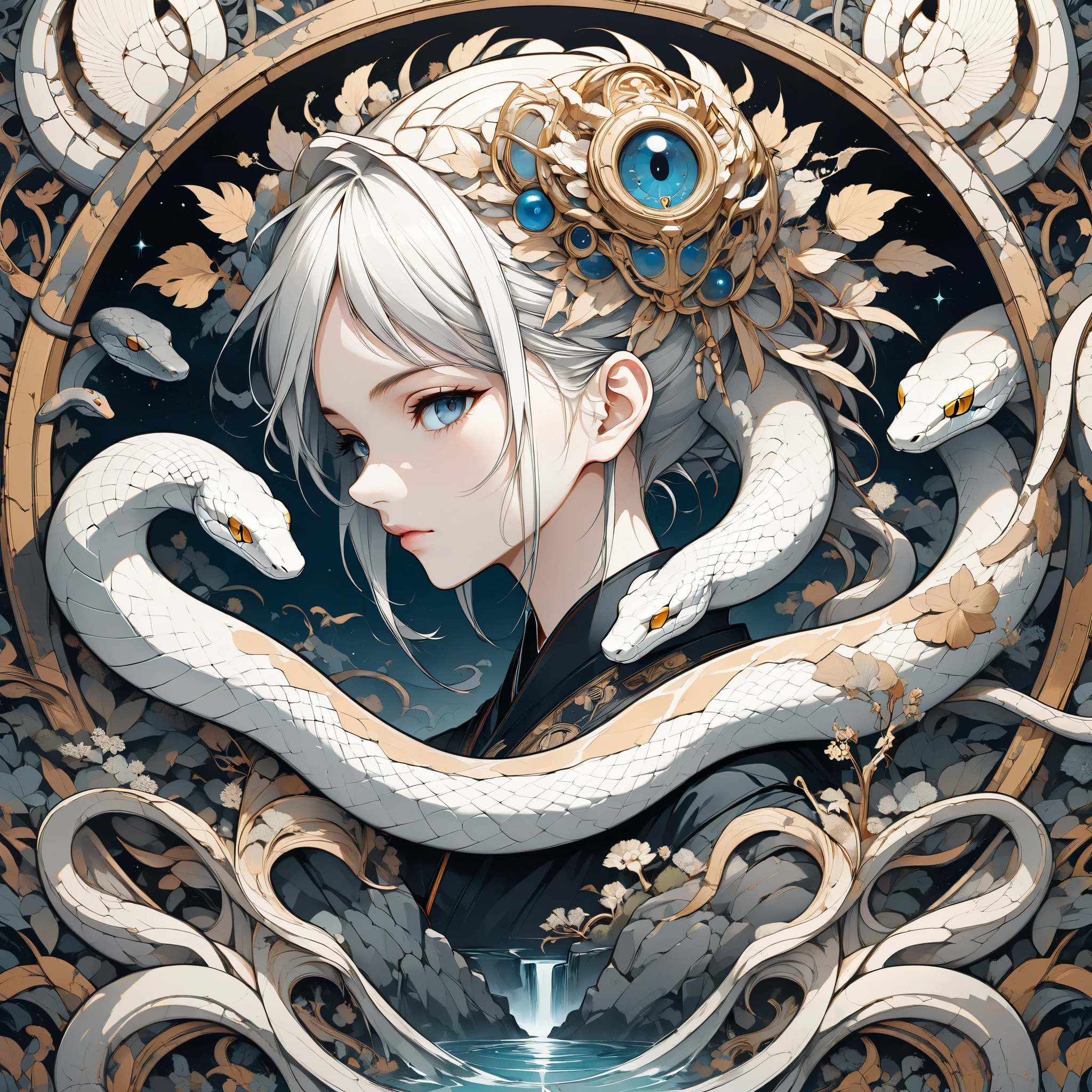 by Daniel Arsham, Vector Art, flat, Minimalism, best quality, masterpiece, very aesthetic, perfect composition, intricate details, ultra-detailed,ancient murals , white Ouroboros of ((small head)) snake