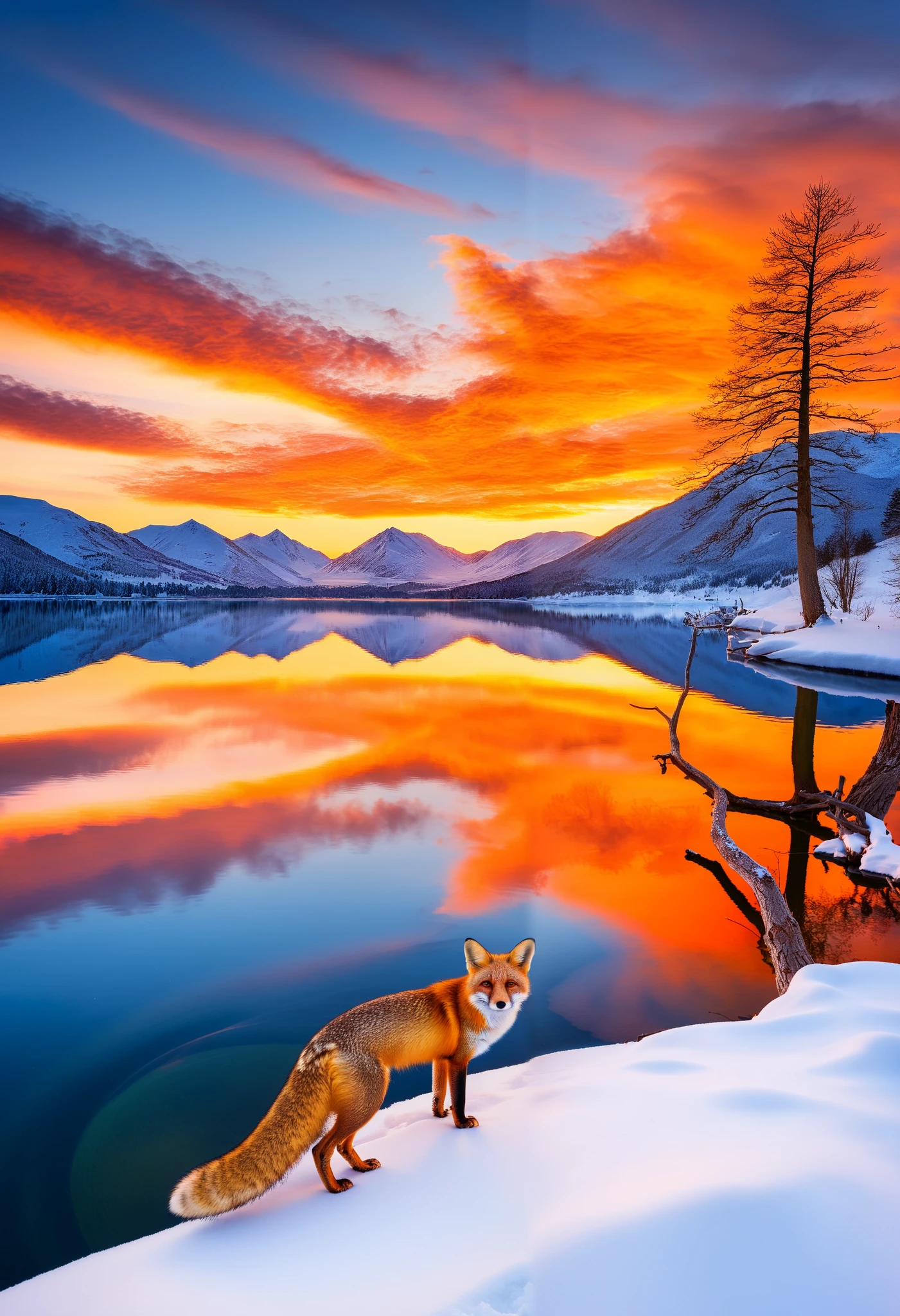 Tranquil Lake, spectacular view, winter landscape, fox, sunset, orange sky, masterpiece, best quality, ultra-high resolution
