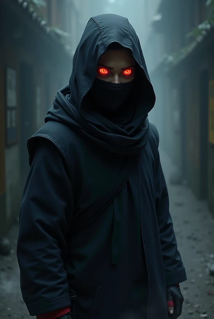 Ninja wearing black hood with blue mask and red eyes. neck shot and above only