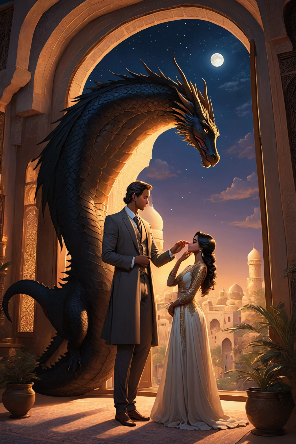  white couple in elegant clothes by the Indian artist .  Beautiful couple with perfect anatomy ,  the one grabbing it around the waist , gluing it to the ,  the one with his hands in his pocket .  Tall man kissing the forehead of a small woman with a princess Jasmine hairstyle.  Man with black dragon wings .  in front of a window with a view of the night .  Bottom view . Beautiful Middle Eastern mansion with tall windows. moonlight . set in a fantasy era inspired by the Middle East .