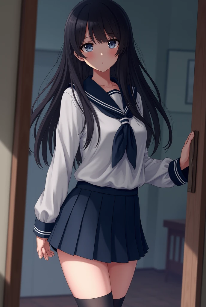 nsfw,((perfect anatomy:1.2,realistic,:1.3,RAW Photography:1.3,masterpiece、highest quality、Ultra - High resolution、High resolution、Highly detailed CG、8K)),cowboy shot,1 female,solo,20-year-old,beauty of japan,beautiful detailed face and eyes,big and gorgeous eyes,dark blue eyes,(black hair,long hair,blunt bangs),(medium breasts,slender body,small head:1.4, skinny), glowing skin,oily skin,kneeling,legs up:1.5,((shackles:1.3,white sailor suit,long sleeve,Blue sailor color、blue neckerchief、navy pleated mini skirt、(lift up skirt self:1.4),vagina,cum in vagina:1.5,barefoot))、simple bed、Inside the prison、a dark prison、Tokyo、