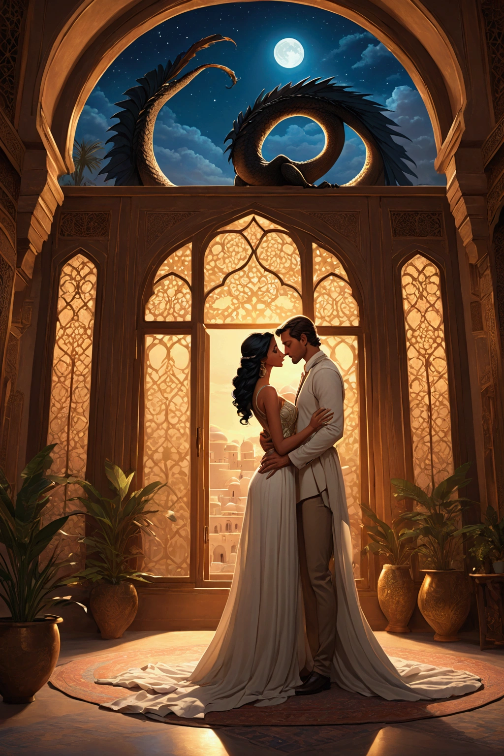  white couple in elegant clothes by the Indian artist .  Beautiful couple with perfect anatomy ,  the one grabbing it around the waist , gluing it to the ,  the one with his hands in his pocket .  Tall man kissing the forehead of a small woman with a princess Jasmine hairstyle.  Man with black dragon wings .  in front of a window with a view of the night .  Bottom view . Beautiful Middle Eastern mansion with tall windows. moonlight . set in a fantasy era inspired by the Middle East .