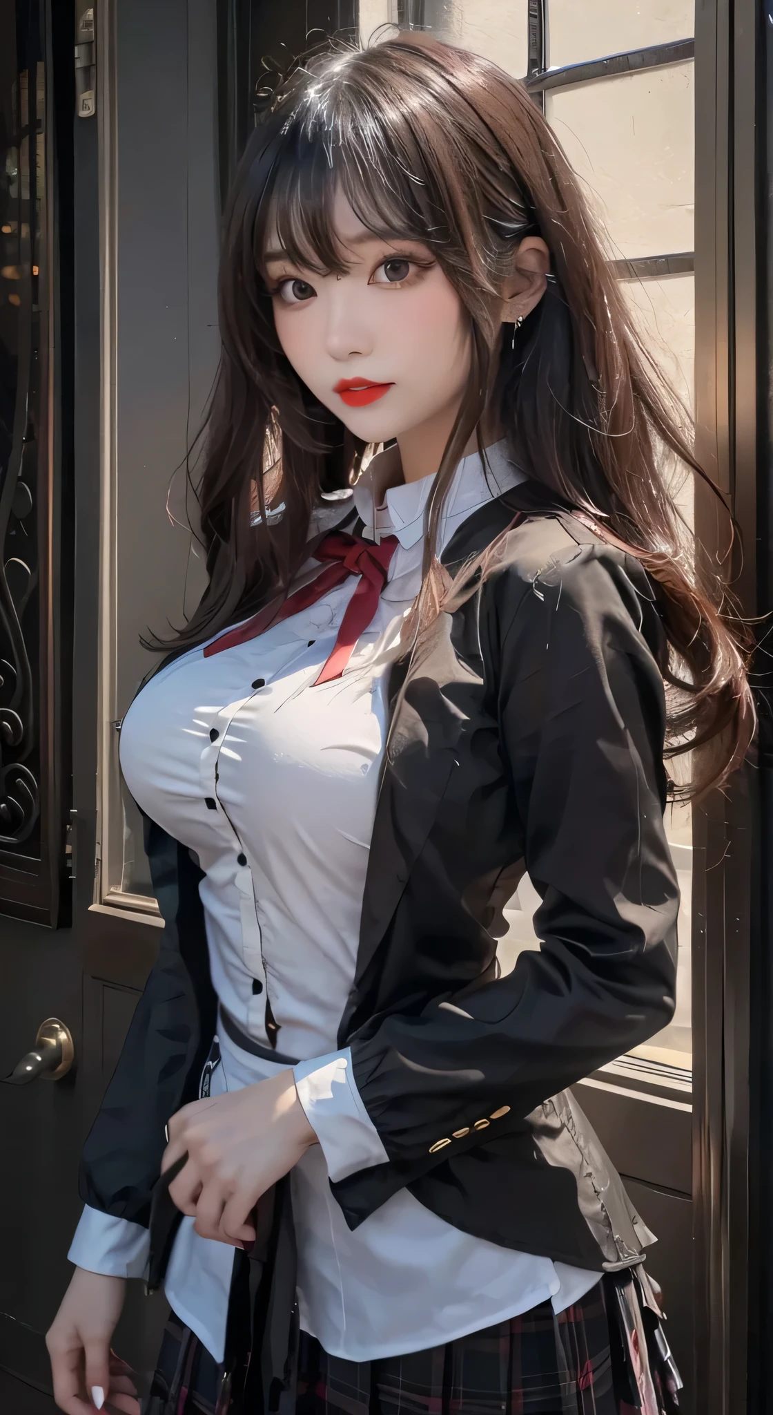 ((Best Quality)), ((masutepiece)), (Detailed), (highlight), Perfect face　Young girl with detailed face showing cleavage、Red eyes and long, thick, glossy, beautiful black hair with blunt bangs、Single-color background、Standing wearing school uniform with blazer and miniskirt、