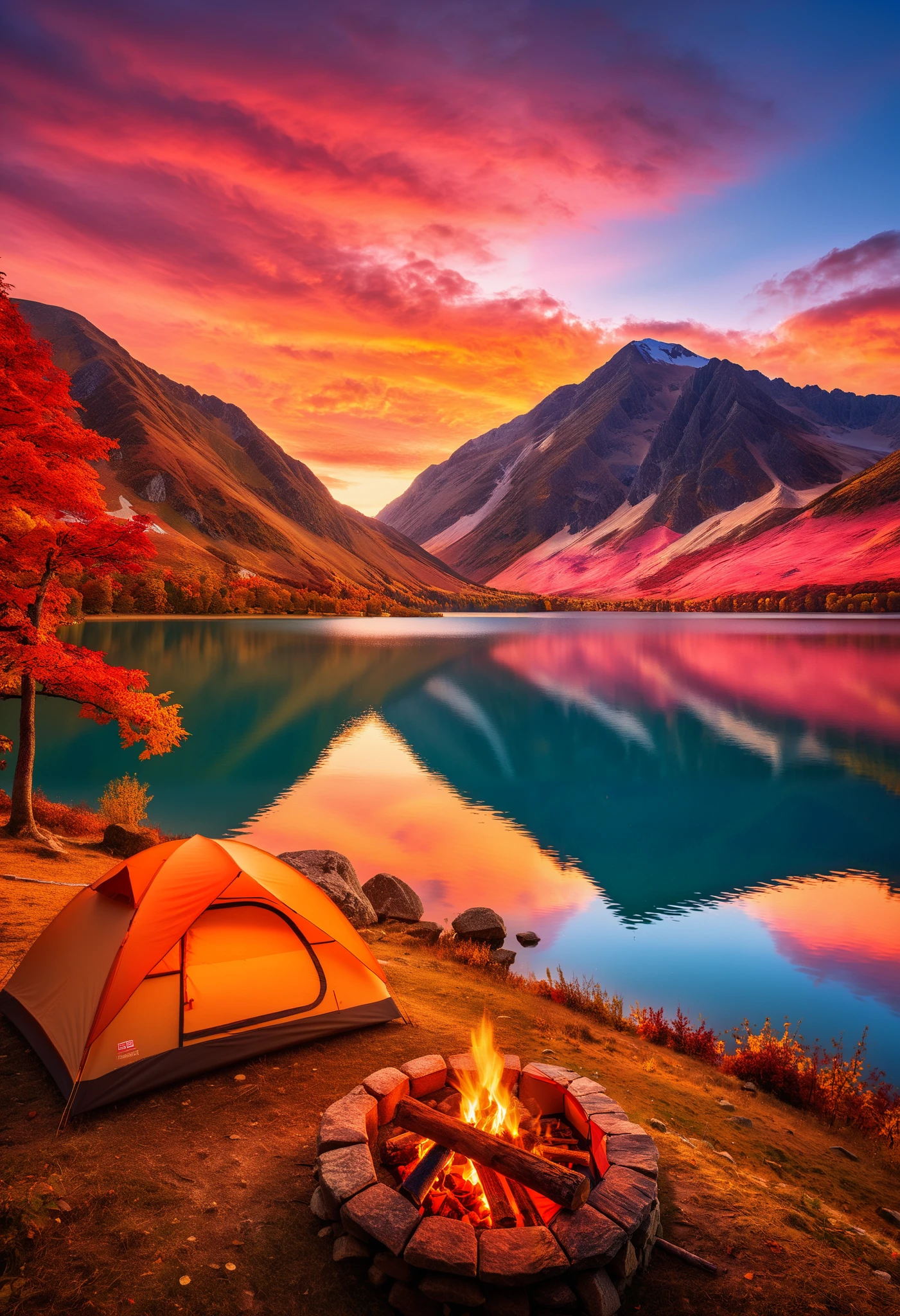 Tranquil Lake, spectacular view, autumn landscape, sunset, red sky, tent and campfire, masterpiece, best quality, ultra high resolution.