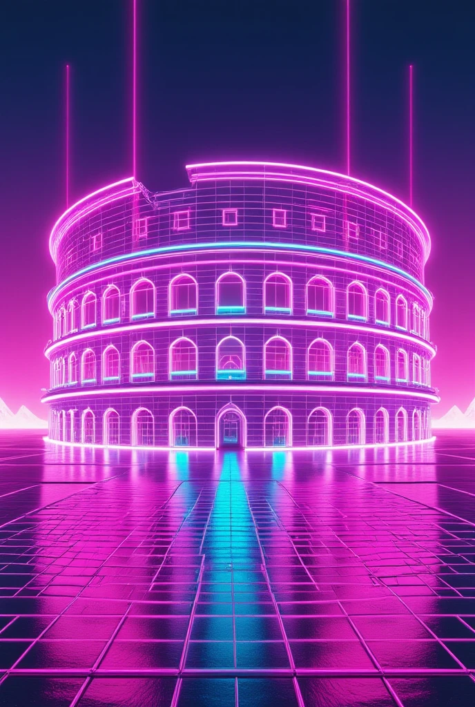 A colossal Roman Colosseum bathed in neon pink and electric blue, with light beams shooting out from the arches. The structure sits amidst an endless vaporwave desert landscape, the ground made of glitching, reflective patterns and distant neon pyramids.