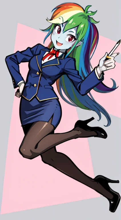 masterpiece,best quality,1girl,solo,mlprainbowdash,colored skin,hair ornament,rainbow hair,clear blue military suit, blazer, pencil skirt, pantyhose, high heels, full body, confident, smile, office background