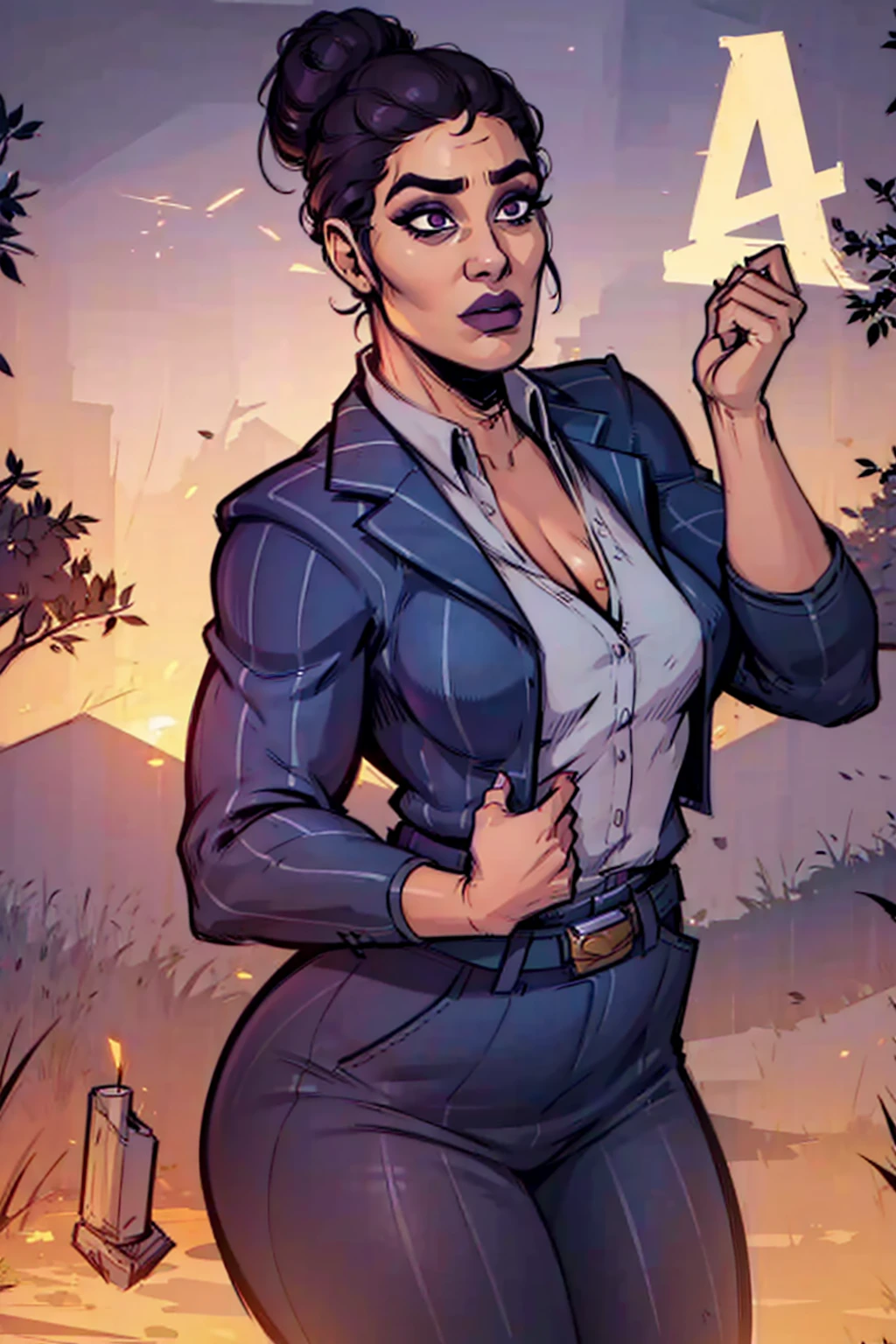 Digital comic art, obese feminine characteristics, office hairbun, dark skin, standing pose, hands held up in a fighting form, mature woman, adult female, curvy figure, whole body, form-fitting, Jane Romero (Dead by Daylight game) inspired costume, purple pinstriped blazer, blouse, belt, purple pinstriped baggy pants that end above the ankles, belt, flat office heels, 1woman, solo, upper body, lower body, ((Extremely Detailed)), ((Best Quality)), ((Masterpiece)), ((4k))
