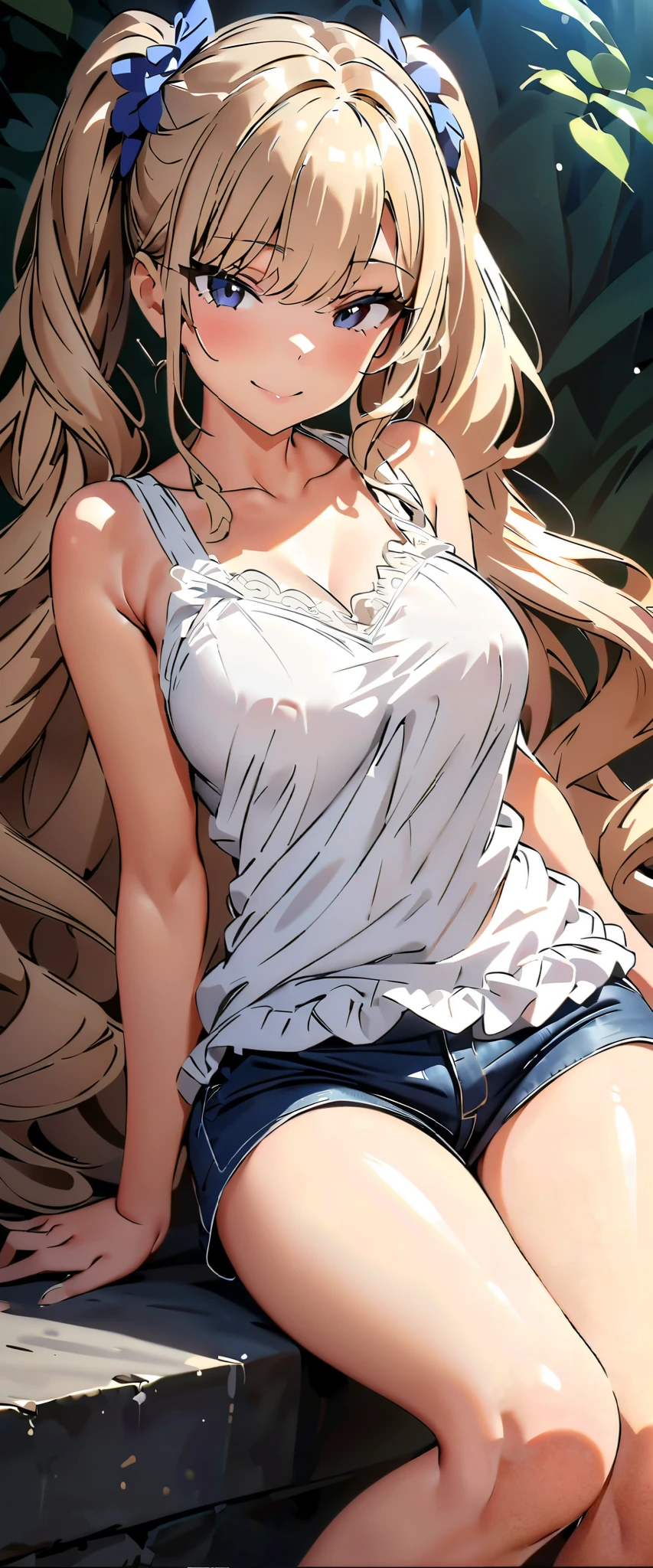 (((masterpiece)))、(( best quality))、( very detailed)、(CG illustration)、( very beautiful girl))、 cinematic light 、(( 1 girl))、 、(Beautiful and luxurious:1.2)、( one girl:1.3),garden,,,, white tight tank tops,Jeans Micro Shorts,, sit with legs wide apart,smile,, see-through, ponytail, knee-high stockings 