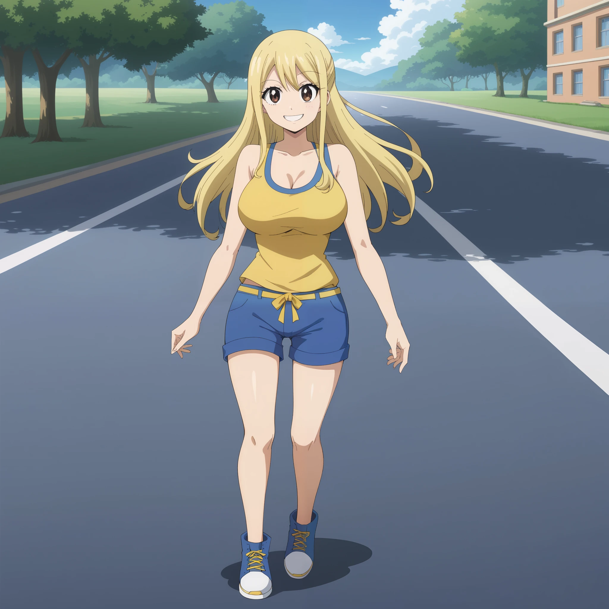 Lucy Heartfilia, long, loose blond hair,  brown eyes, smile,  big breasts  ,  yellow sleeveless top with short neckline. bare abdomen. blue shorts . shoes. Background a road with ocean view. 1 girl alone.