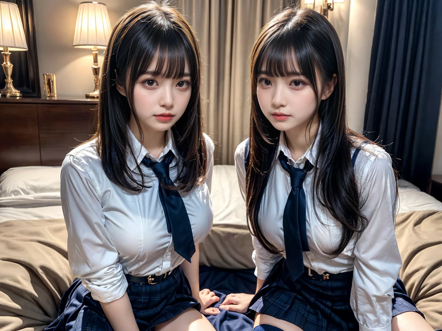 (8K, Raw photography, top-quality, masterpiece:1.2), ((3 beatiful girls))、.(Realistic Skins 1.4)、(((female high-school student、School Uniforms、)))、{{(The background is a luxury hotel room}}((School Uniforms、white Cutter shirt、darkblue pleatedskirt))、((long hair))、((One has short hair)),(A dark-haired、The forehead is hidden by bangs、)、Black eyes、shinny skin.Beautiful delicate face、Beautiful delicate eyes、{Voluptuous body shape、Thicker thighs}、One piercing in each ear,((large breasts)), ((navy blue tie)) ,looking at camera, ((close up))
