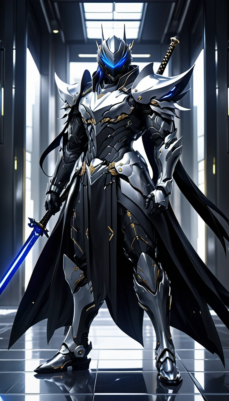  Arafed Man in a Black Suit with a Sword and Helmet,  Wearing Full Body Metal Armor , Raiden Metal Gear,  Stylish Cyborg Armor ,  Full Body Covered in Silver Armor , Villain Cyborg movie still, Cyborg Samurai,  Cyborg Ninja , Raiden from Metal Gear Rising ,  cyber Japanese style armor , black scales and cyborg technology , Akihiko Yoshida.  Unreal Engine 、 long hair、 blue hair 、青色の long hair、Black Cape、Black Wings、male、 One Man、Two-Way