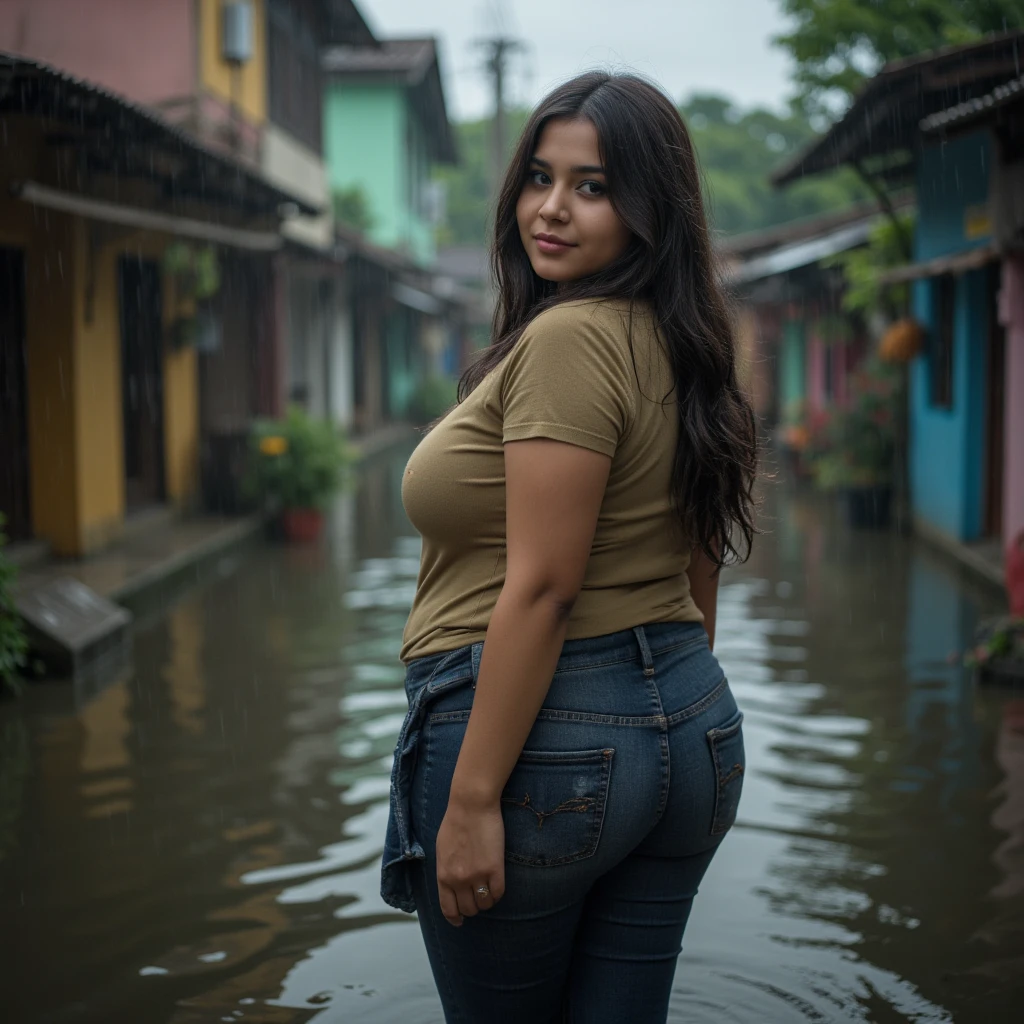 best quality, masterpiece, ultra high res, (photorealistic:1.2), 1girl, a bit chubby, (detailed face:1.2), (detailed eyes:1.2), (detailed hair:1.2), (detailed clothes:1.2), 4k, indonesian woman, wet hair, walking in very deep flooded village, wet t-shirt and jeans, under the heavy rain, look back at the viewer, 